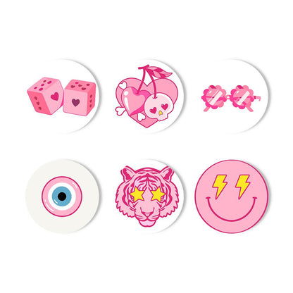 Hot Pink Preppy Icons paint by numbers coasters – Pink icons: heart dice, cherry hearts, heart sunglasses, evil eye, star-eyed tiger and a lightning-bolt smiley face