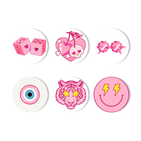 Hot Pink Preppy Icons paint by numbers coasters – Pink icons: heart dice, cherry hearts, heart sunglasses, evil eye, star-eyed tiger and a lightning-bolt smiley face
