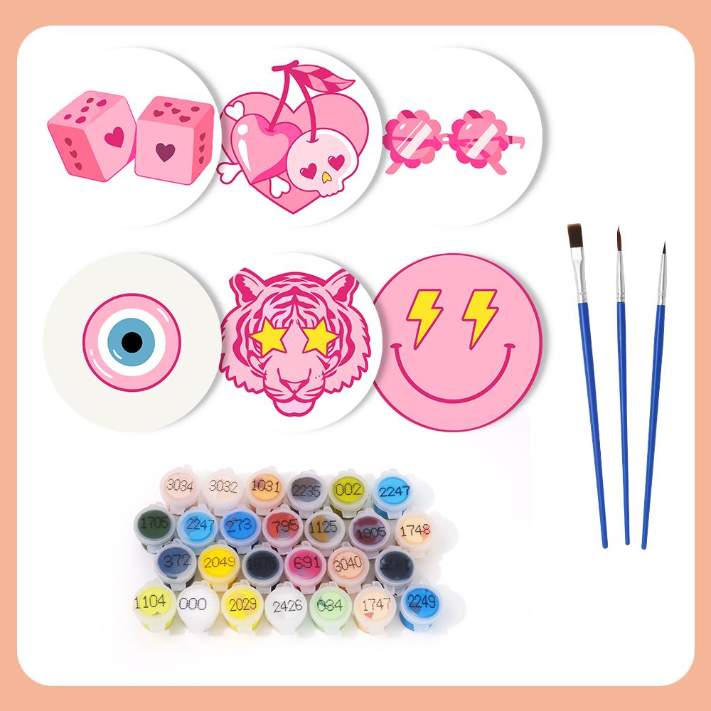 Hot Pink Preppy Icons paint by numbers coasters – what's in the kit: the 6 coasters, numbered paints and brushes