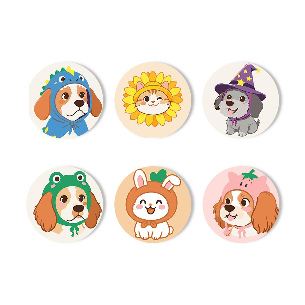 Costumed Puppy Dress-Up paint by numbers coasters – Puppies and a kitten in costumes: a dinosaur hood, sunflower, witch hat, frog hood, bunny ears and pink hood