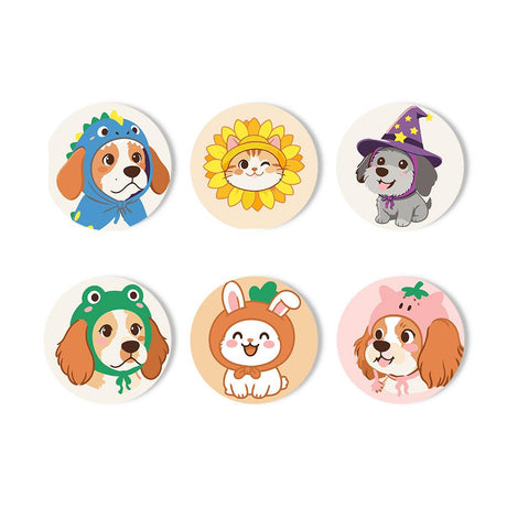 Costumed Puppy Dress-Up paint by numbers coasters – Puppies and a kitten in costumes: a dinosaur hood, sunflower, witch hat, frog hood, bunny ears and pink hood