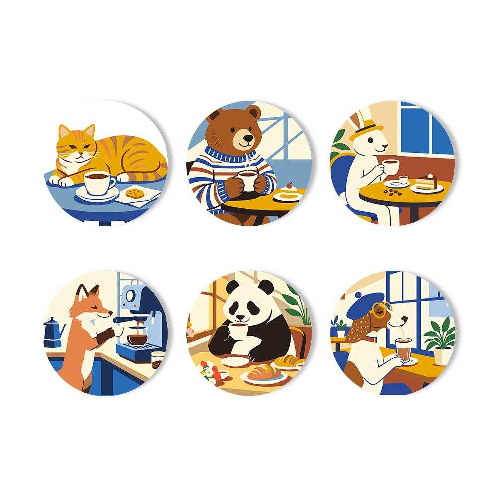 Cafe Critters Coffee Break paint by numbers coasters – Cat, bear, alpaca, fox, panda and bird enjoying coffee, pastries and breakfast in a sunny cafe