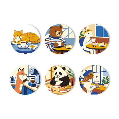 Cafe Critters Coffee Break paint by numbers coasters – Cat, bear, alpaca, fox, panda and bird enjoying coffee, pastries and breakfast in a sunny cafe