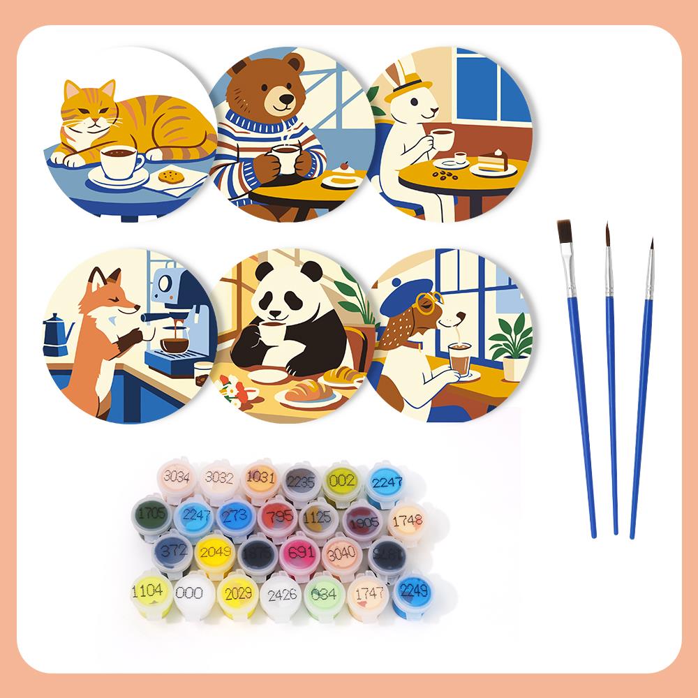 Cafe Critters Coffee Break paint by numbers coasters – what's in the kit: the 6 coasters, numbered paints and brushes