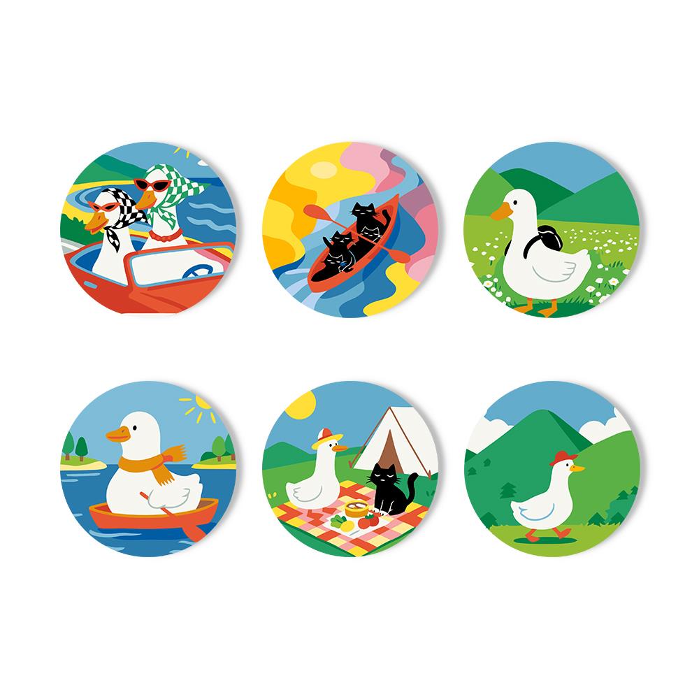 Duck and Black Cat Getaways paint by numbers coasters – White ducks driving, boating, picnicking by a tent and roaming green hills, with black cats paddling a canoe