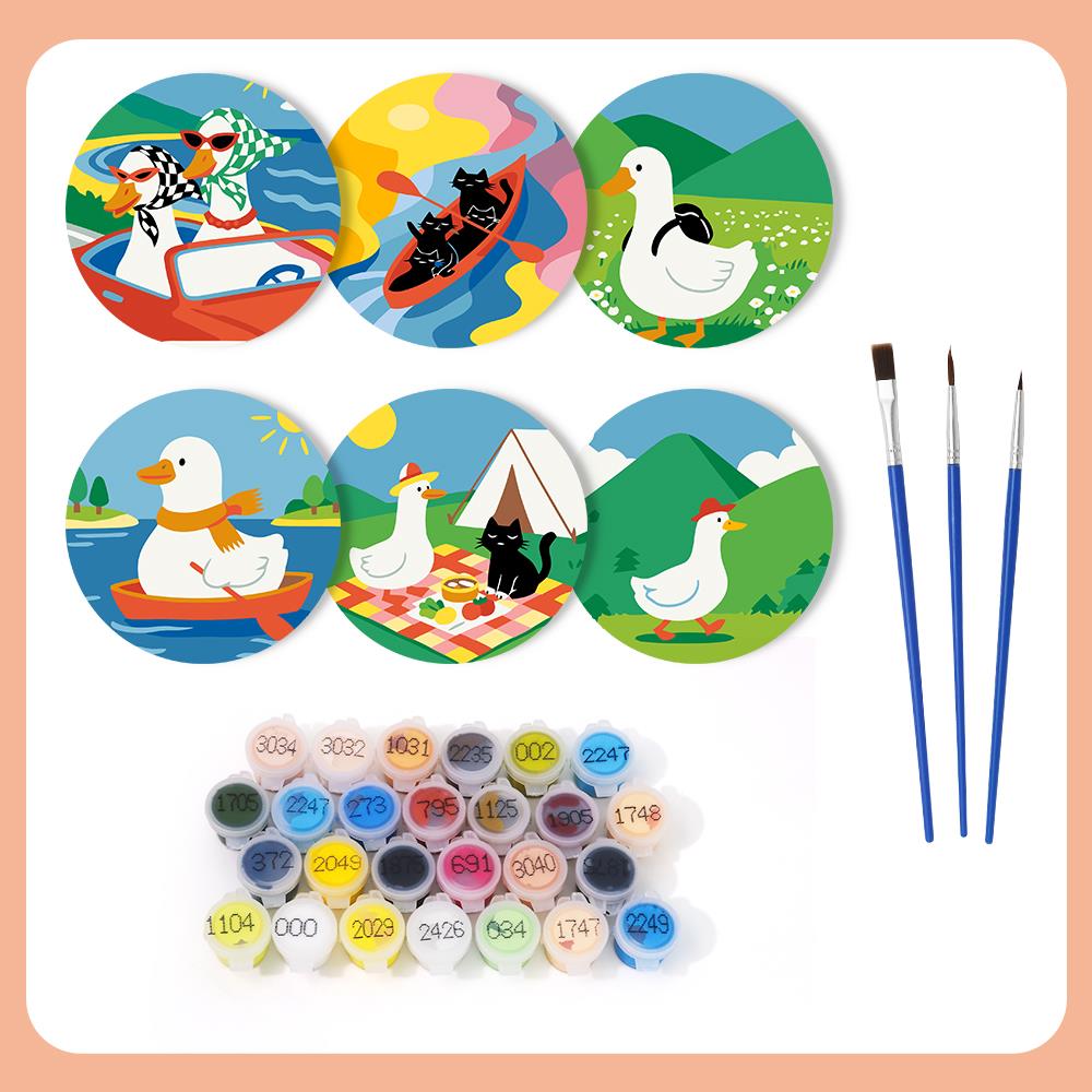 Duck and Black Cat Getaways paint by numbers coasters – what's in the kit: the 6 coasters, numbered paints and brushes
