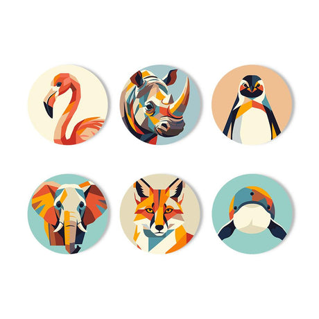 Faceted Wildlife Portraits paint by numbers coasters – Faceted geometric flamingo, rhino, penguin, elephant, fox and a sea animal in bold colour blocks
