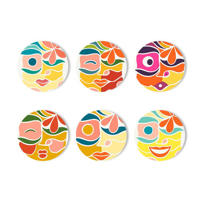 Abstract Cubist Faces paint by numbers coasters – Six abstract face designs with bold eyes, lips and leafy shapes in orange, yellow, pink and teal
