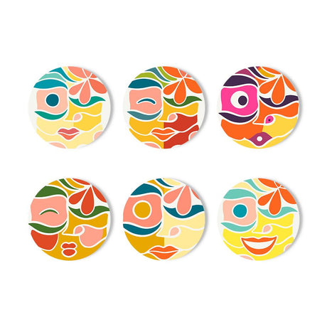 Abstract Cubist Faces paint by numbers coasters – Six abstract face designs with bold eyes, lips and leafy shapes in orange, yellow, pink and teal