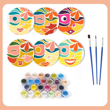 Abstract Cubist Faces paint by numbers coasters – what's in the kit: the 6 coasters, numbered paints and brushes
