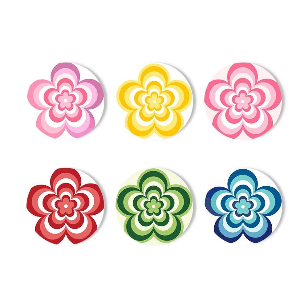 Groovy Layered Daisies paint by numbers coasters – Six concentric wavy flower designs in pink, yellow, red, green and blue