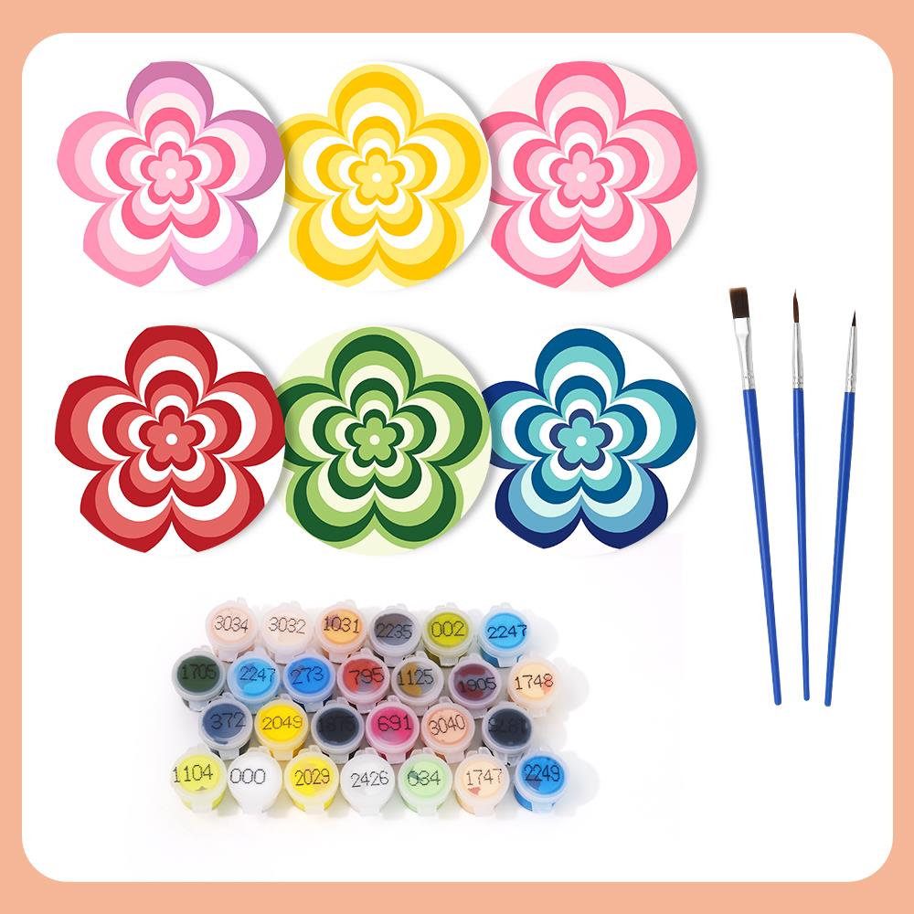 Groovy Layered Daisies paint by numbers coasters – what's in the kit: the 6 coasters, numbered paints and brushes