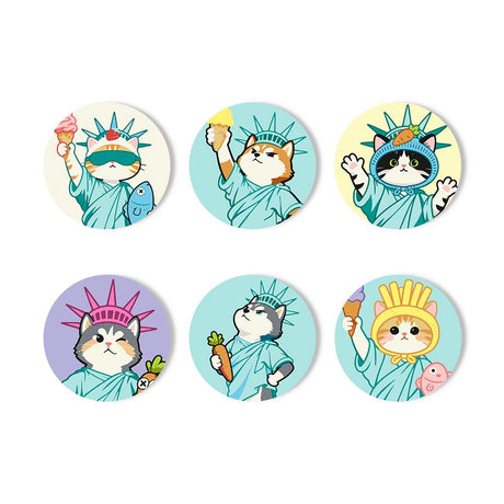 Lady Liberty Kitties paint by numbers coasters – Six cats dressed as the Statue of Liberty, raising ice cream cones, a carrot and a fish instead of torches