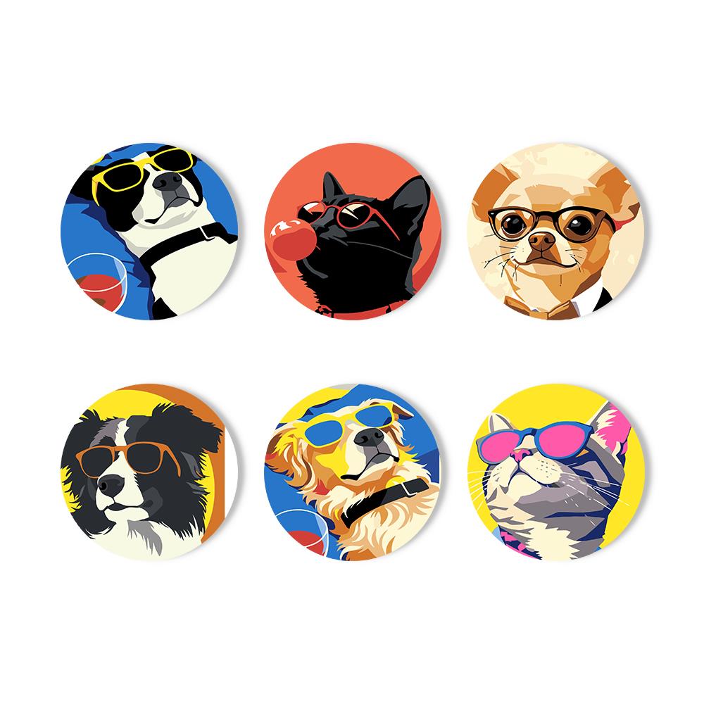 Cool Pets in Sunglasses paint by numbers coasters – Dogs and cats in sunglasses: border collies, chihuahua, golden retriever, bubble-gum black cat and a tabby