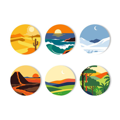 Desert, Ocean and Volcano Views paint by numbers coasters – Six landscapes: cactus desert, ocean waves at sunset, snowy glacier, lava-flow volcano, rolling hills and jungle