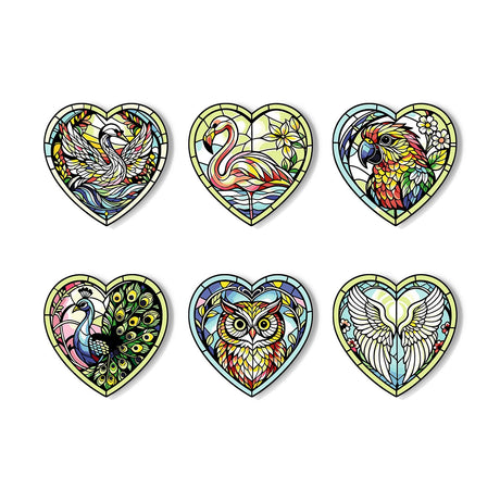 Stained Glass Bird Sanctuary paint by numbers coasters – Stained-glass style birds: a swan, a flamingo, a parrot, a peacock, an owl and a pair of spread wings