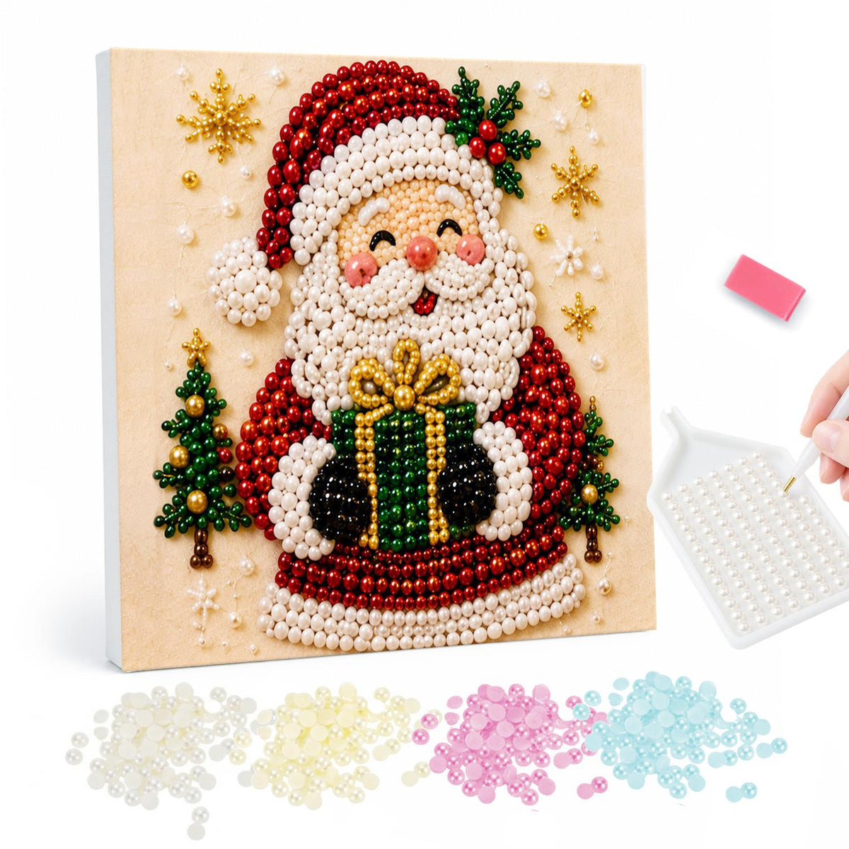 Santa's Present by a Little Tree pearl painting – Cartoon Santa hugging a green and gold gift box beside a small tree, with gold stars on cream