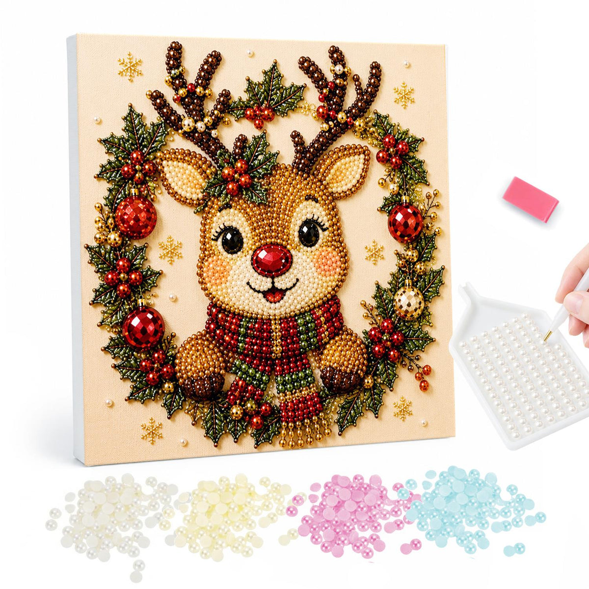 Reindeer in a Holly Wreath pearl painting – Smiling reindeer with a red nose and plaid scarf framed by a holly wreath with red baubles