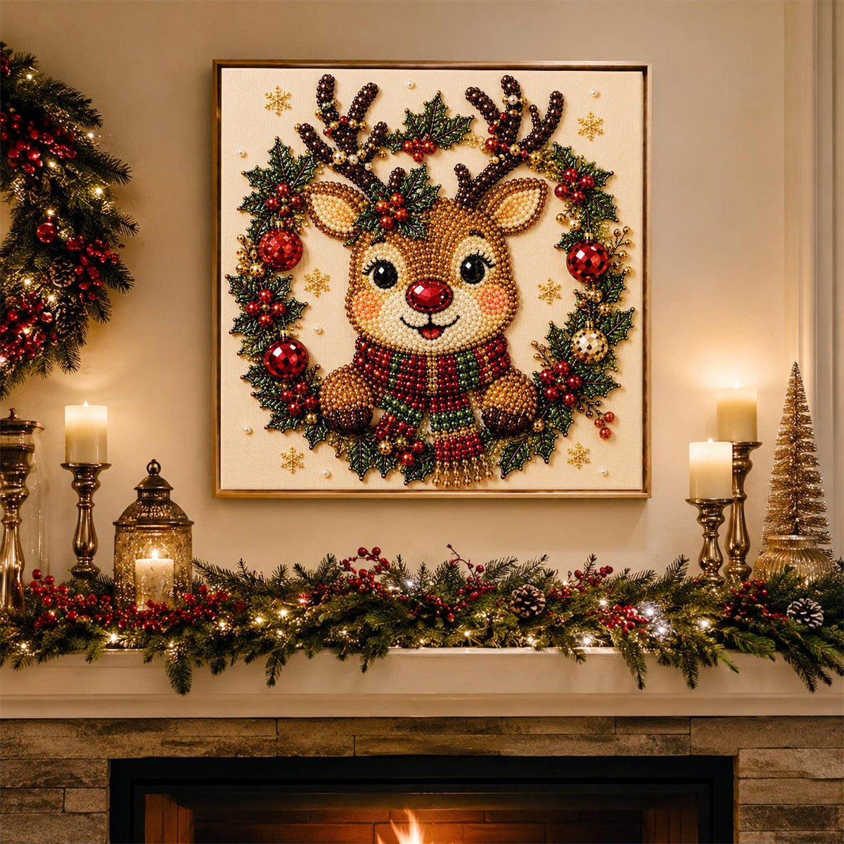 Reindeer in a Holly Wreath pearl painting – image 3