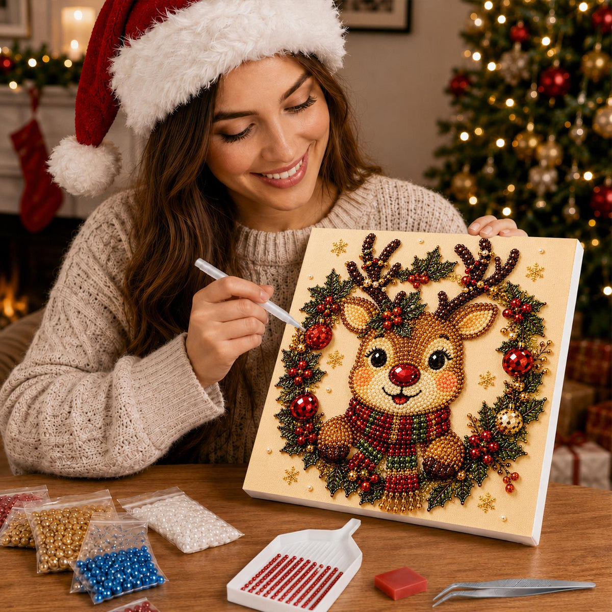 Reindeer in a Holly Wreath pearl painting – image 16