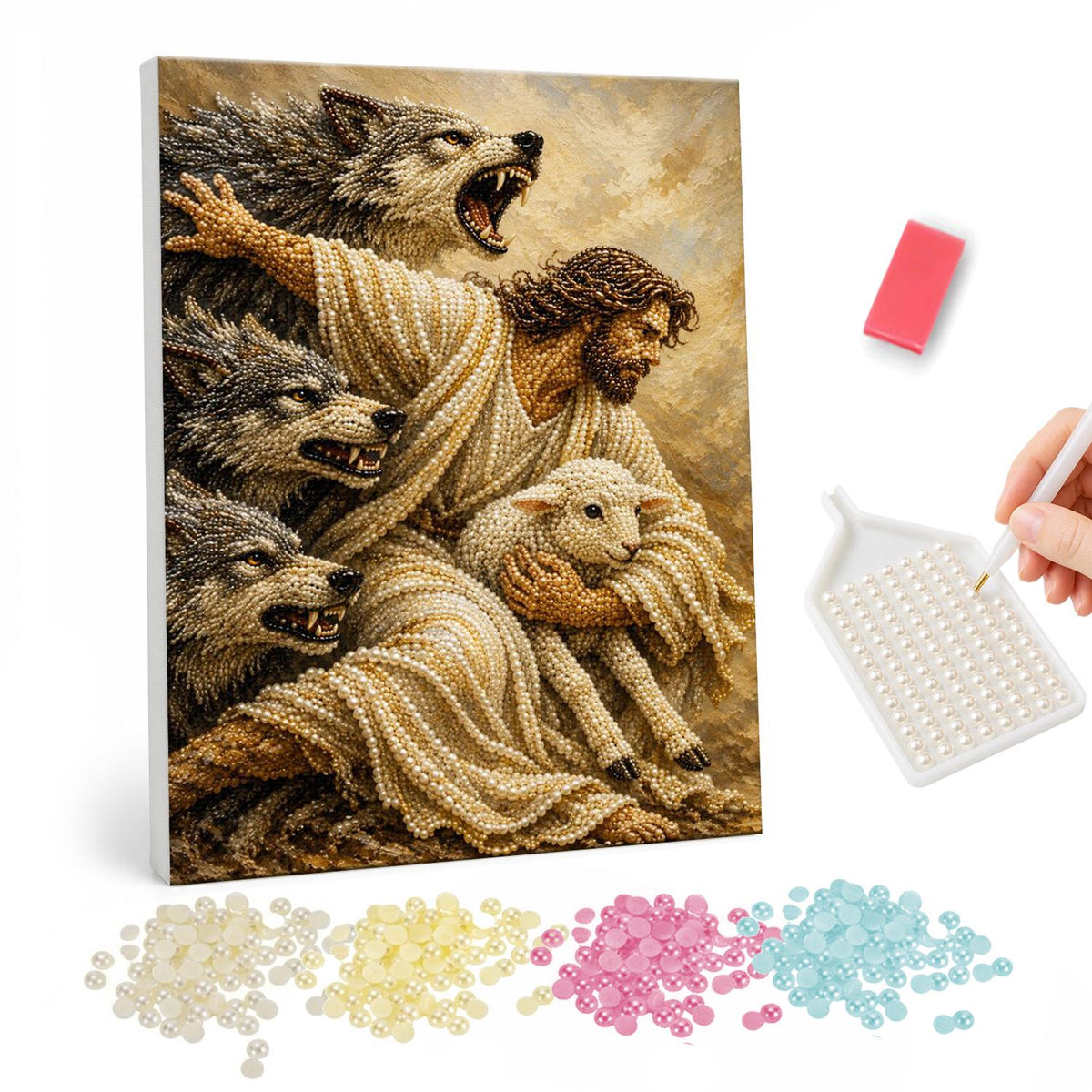 Good Shepherd Shielding the Lamb pearl painting – Bearded figure in robes holding a lamb protectively as wolves lunge toward them, in warm golden tones