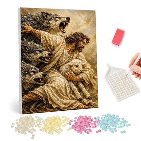 Bearded Shepherd with Lamb and Wolves pearl painting – image 1