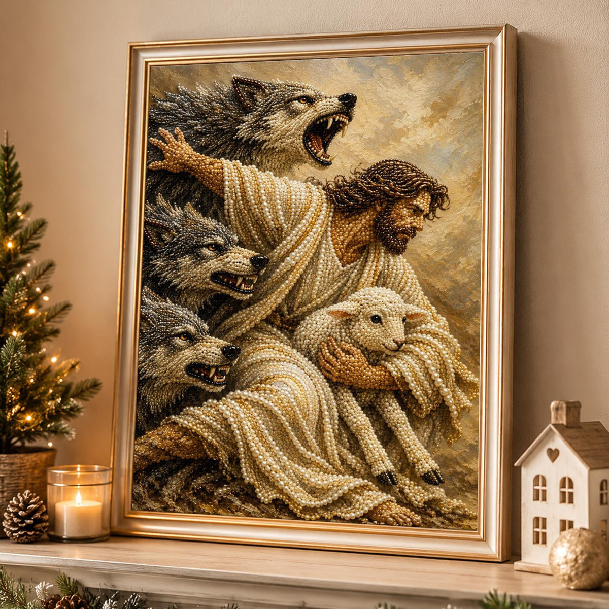 Good Shepherd Shielding the Lamb pearl painting – image 4
