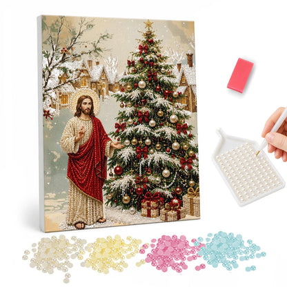 Red-Robed Jesus at Christmas pearl painting – Jesus in a white robe and red mantle standing beside a decorated Christmas tree in a snowy village