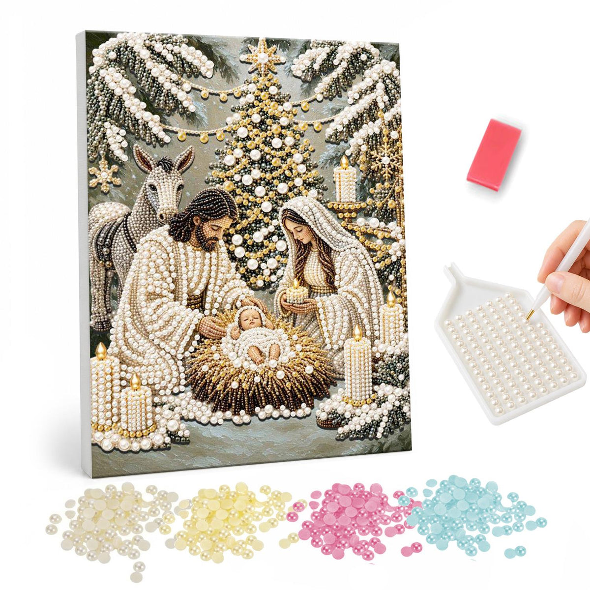 Candlelit Nativity in the Snow pearl painting – Mary and Joseph kneeling by the infant Jesus in a manger, with a donkey, candles and a Christmas tree