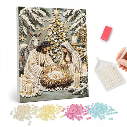 Candlelit Nativity in the Snow pearl painting – Mary and Joseph kneeling by the infant Jesus in a manger, with a donkey, candles and a Christmas tree