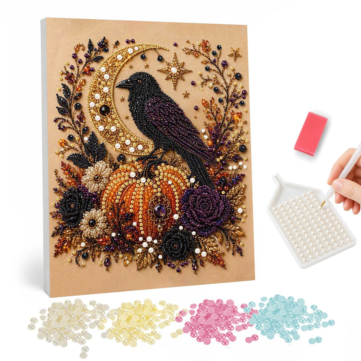 Raven on the Harvest Pumpkin pearl painting – Black raven perched on an orange pumpkin before a golden crescent moon, framed by dark roses and leaves