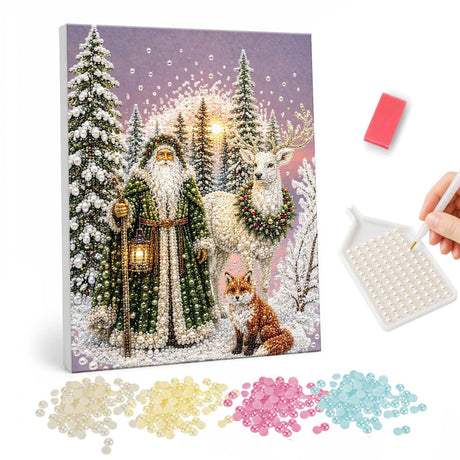 Green-Robed Father Christmas pearl painting – Father Christmas in a long green robe with a lantern and staff, a white reindeer and a fox in snowy woods