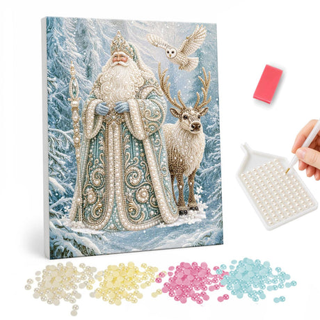 Frosty Father Christmas and Owl pearl painting – Father Christmas in an ice-blue embroidered robe with a staff, a white reindeer and a snowy owl in a frosty forest