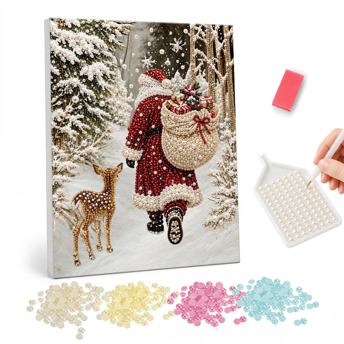 Santa's Forest Walk with a Fawn pearl painting – Santa seen from behind carrying a sack of toys through snowy woods, a spotted fawn walking beside him