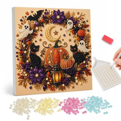 Ghost and Black Cat Wreath pearl painting – Autumn wreath with little ghosts, black cats, bats and a pumpkin with a lantern under a crescent moon
