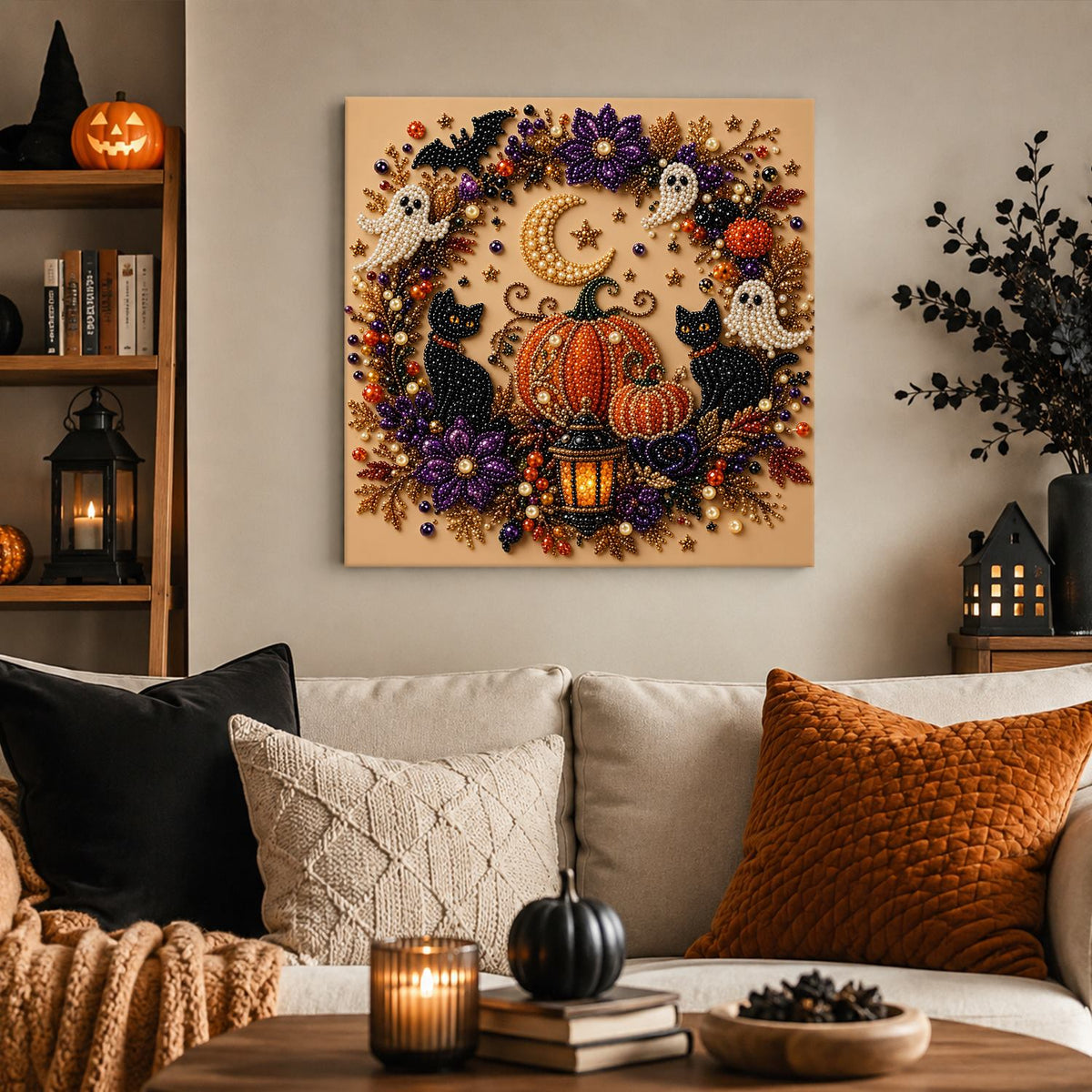 Ghost and Black Cat Wreath pearl painting – image 3