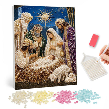 Holy Night Manger Scene pearl painting – Mary and Joseph with the three wise men around the infant Jesus in a manger, sheep and a bright star