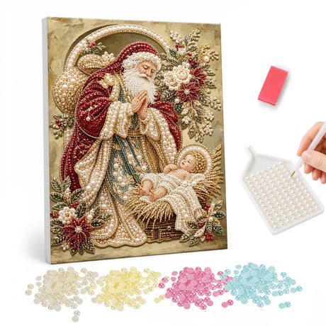 Pearl Painting of Santa Praying Beside Baby Jesus pearl painting – image 1