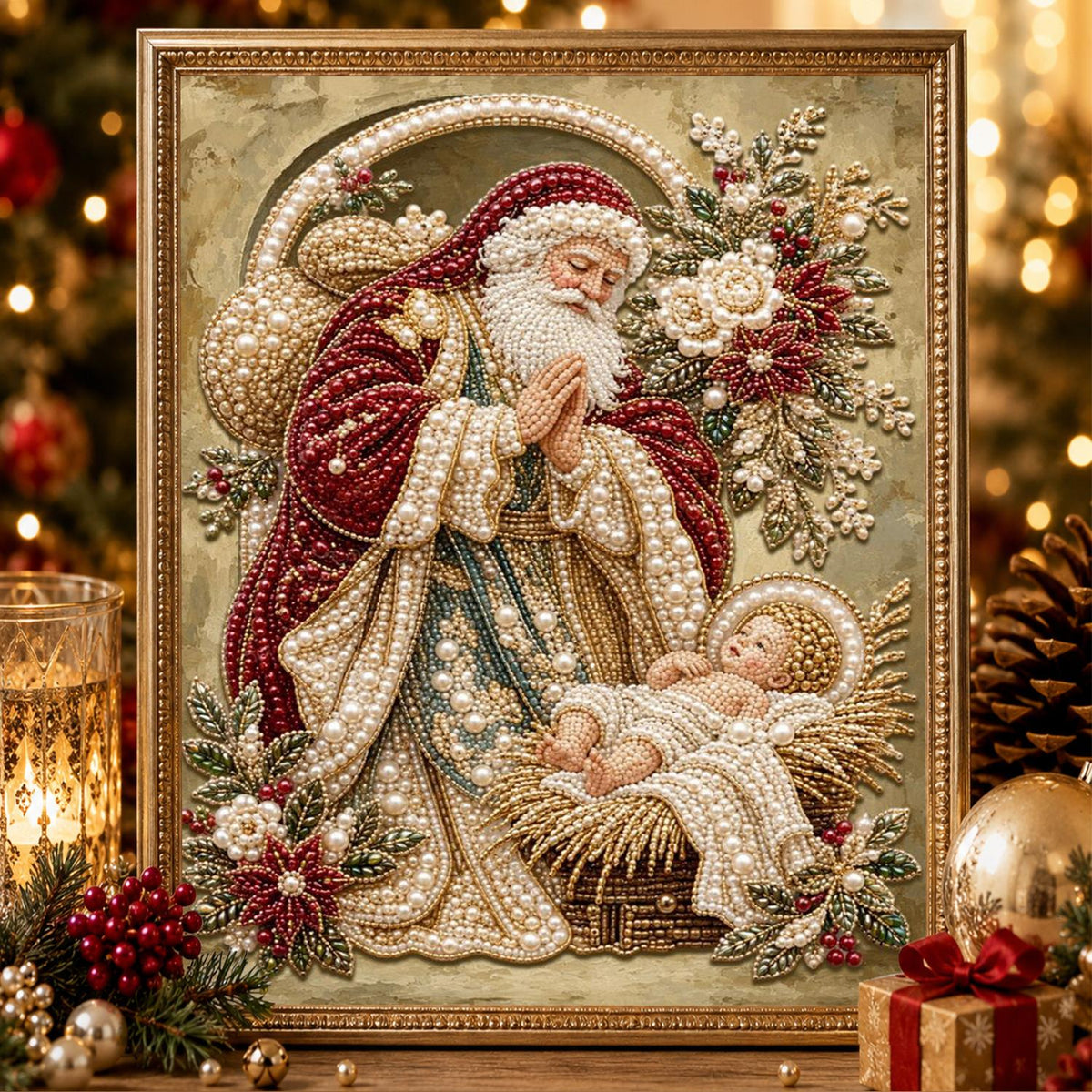 Santa Kneeling at the Manger pearl painting – image 2