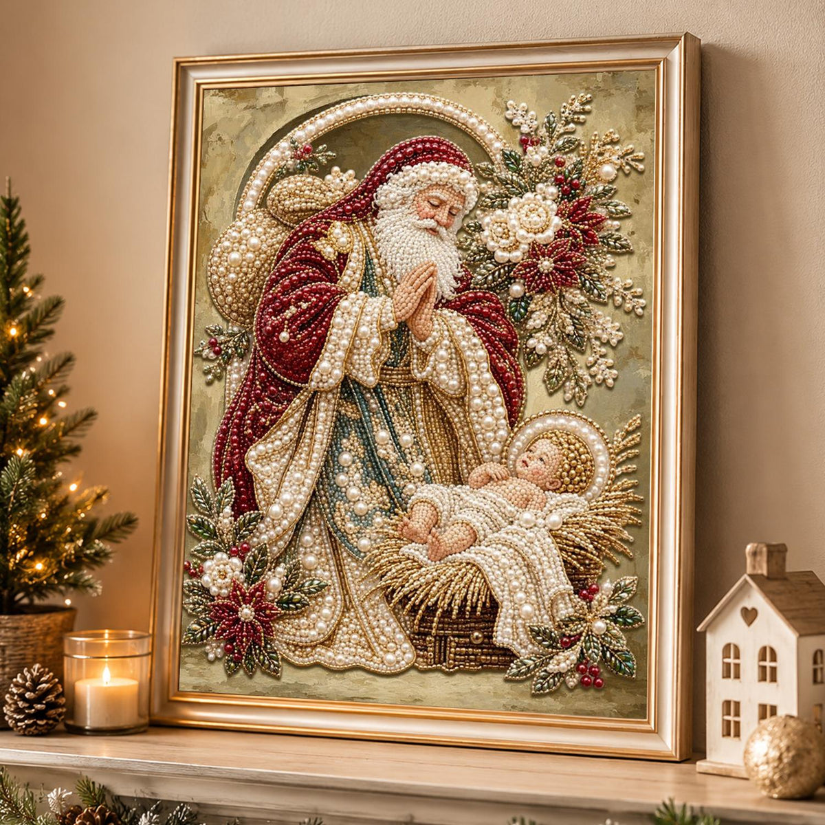 Santa Kneeling at the Manger pearl painting – image 4