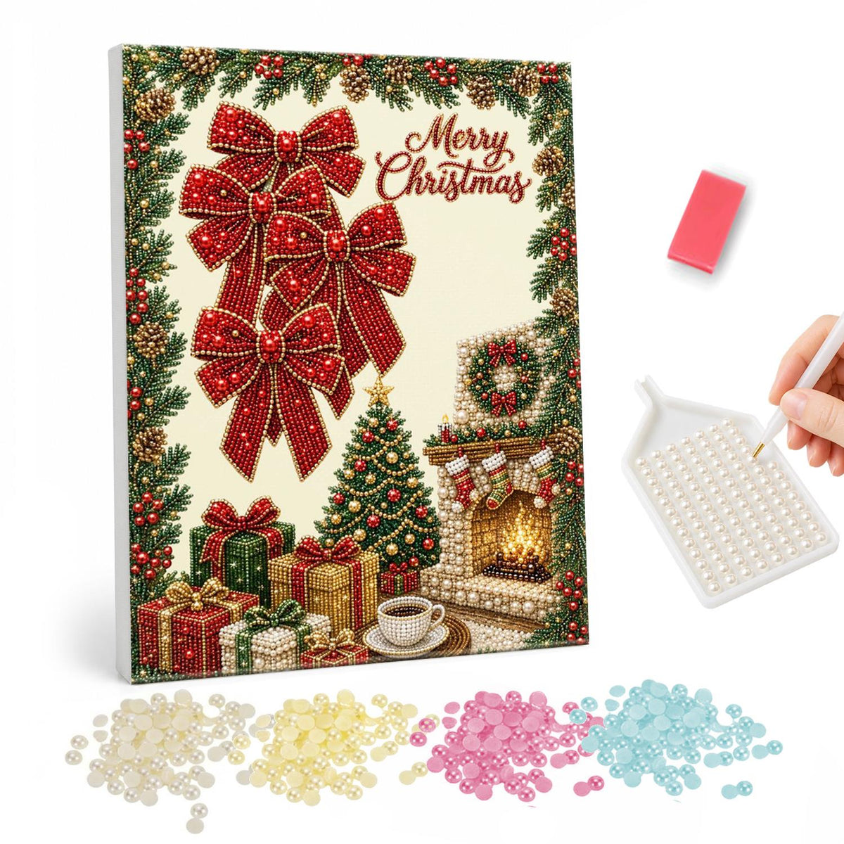 Red Bows and a Crackling Hearth pearl painting – Three red bows and Merry Christmas lettering above a fireplace, tree, gifts and cocoa in a garland frame