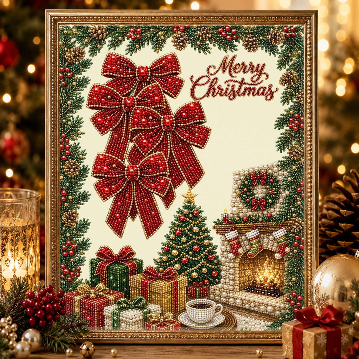 Red Bows and a Crackling Hearth pearl painting – image 2