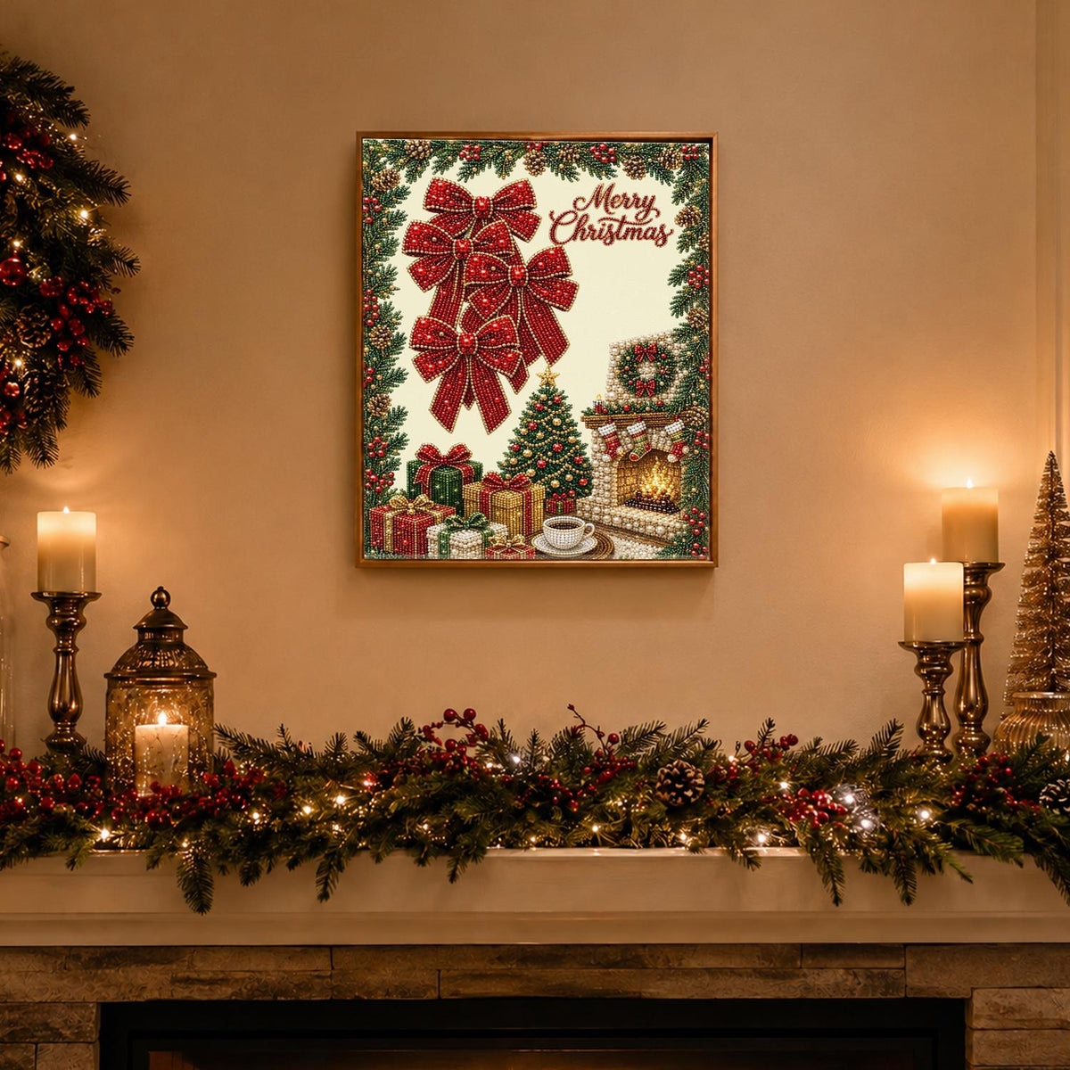Red Bows and a Crackling Hearth pearl painting – image 3