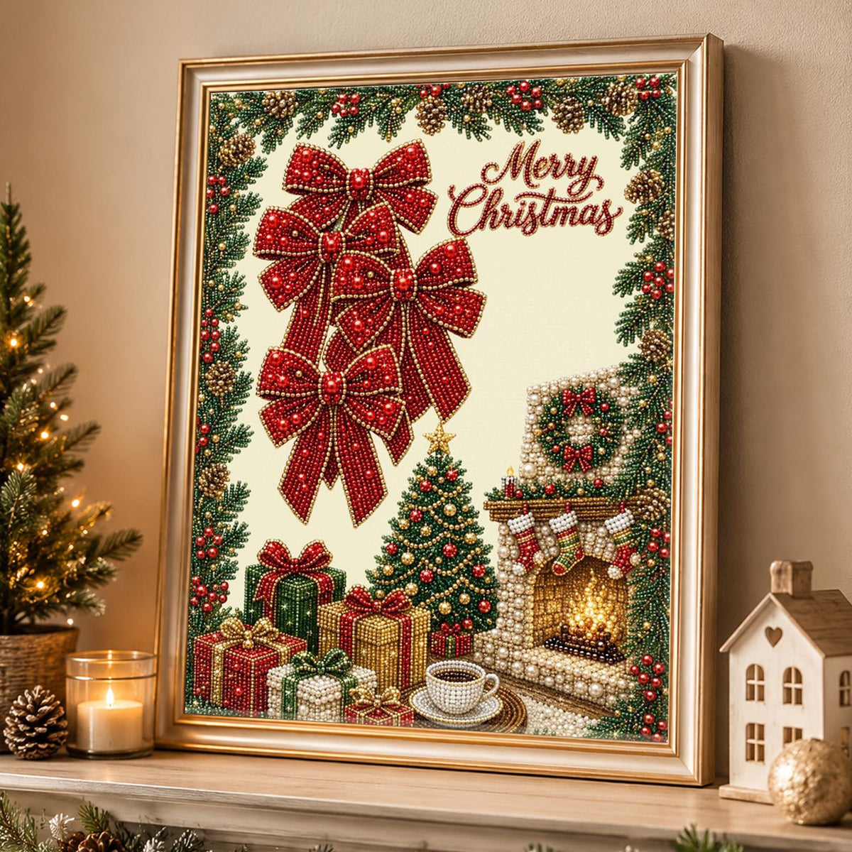Red Bows and a Crackling Hearth pearl painting – image 4