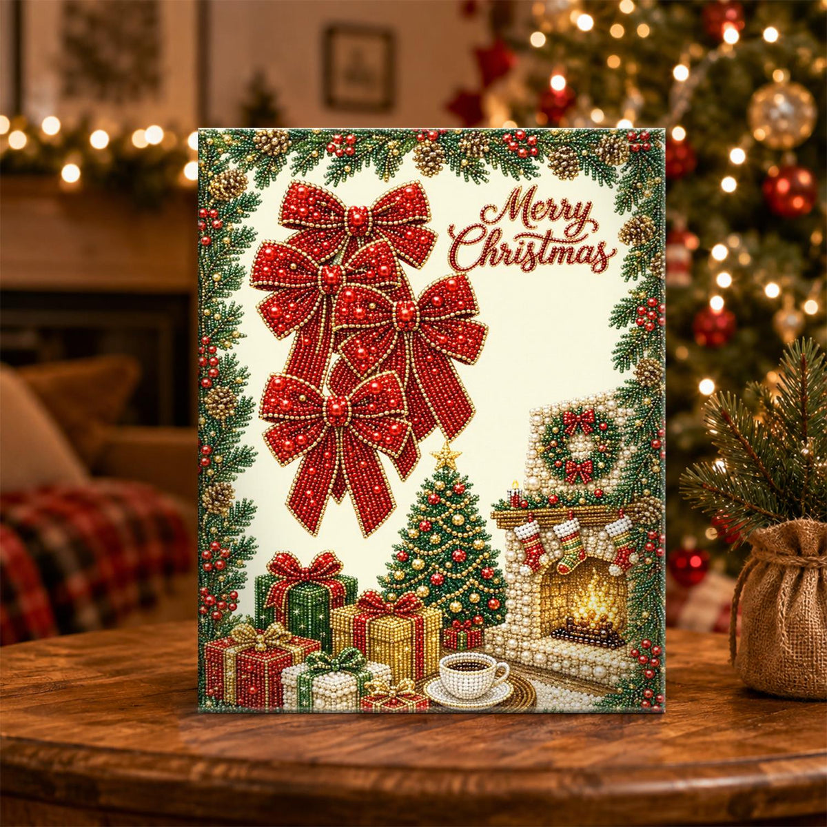 Red Bows and a Crackling Hearth pearl painting – image 5