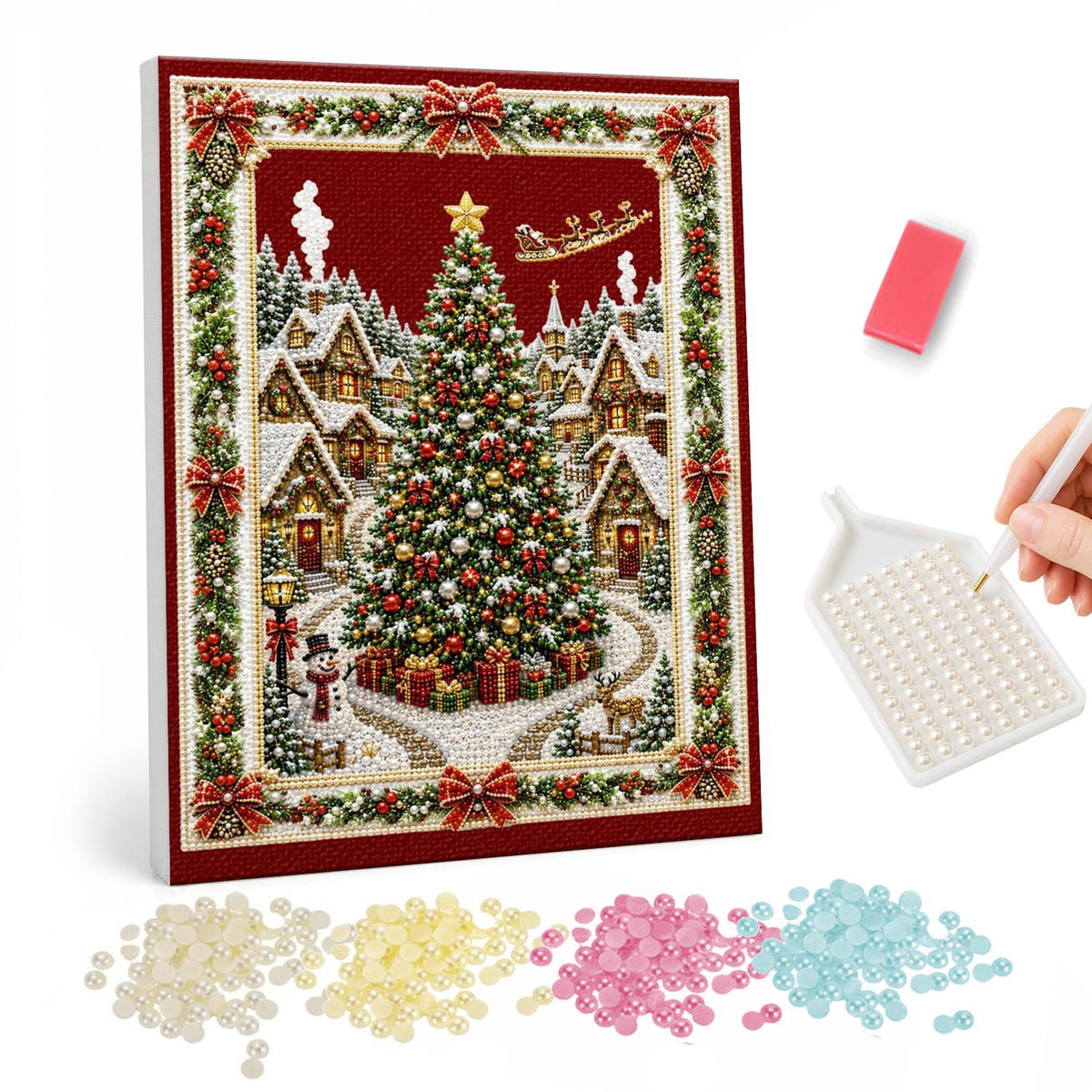 Village Tree in a Garland Frame pearl painting – Decorated Christmas tree in a snowy village square with a snowman, framed by a garland border on red