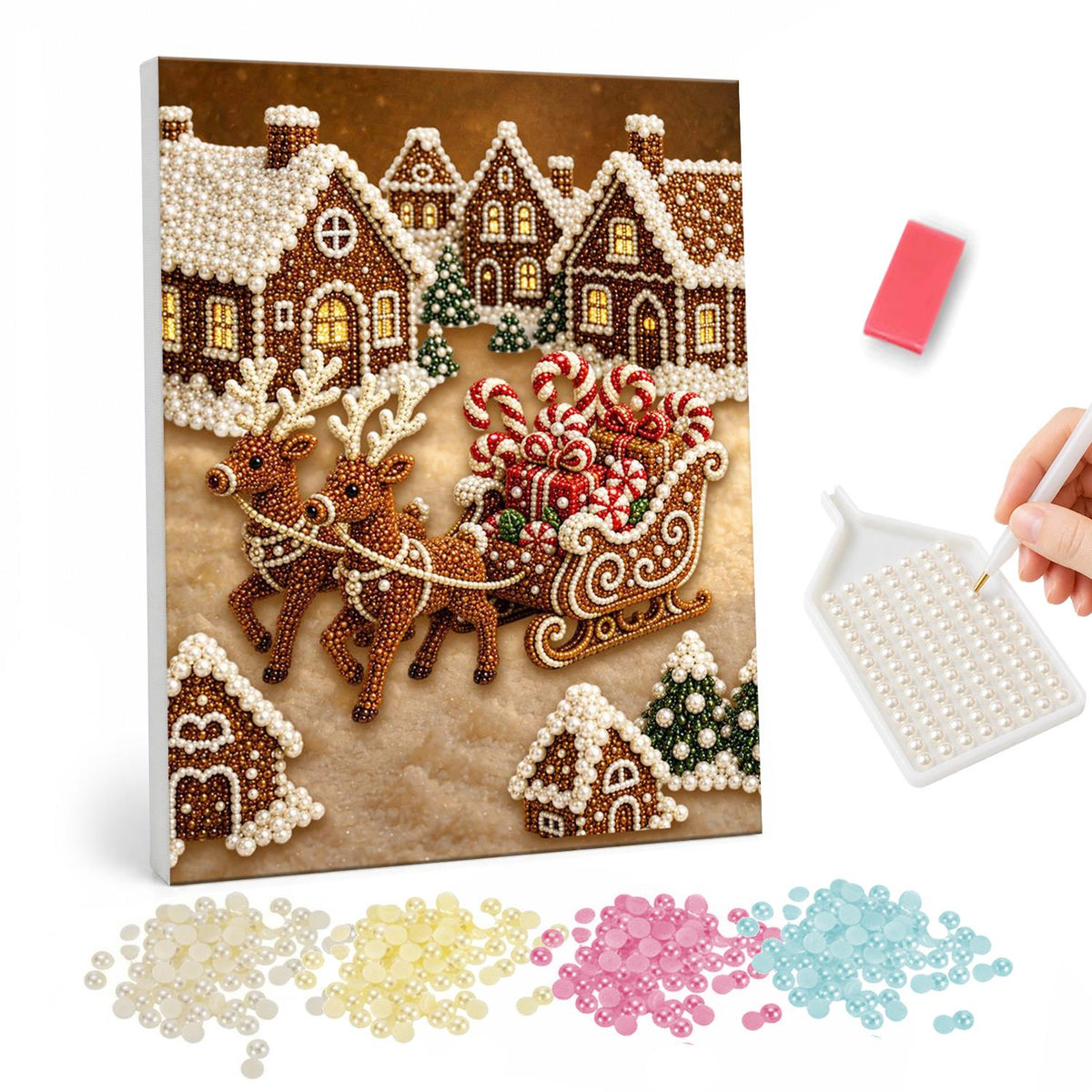 Gingerbread Reindeer Sleigh pearl painting – Gingerbread reindeer pulling a sleigh of candy canes through an iced gingerbread village