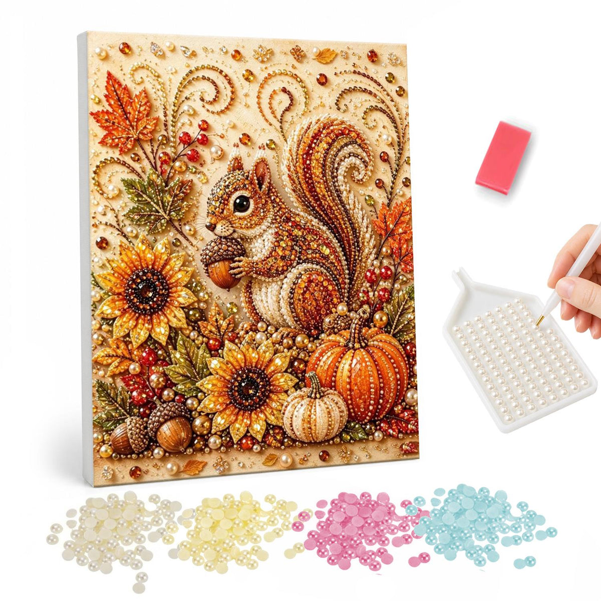 Squirrel Among Harvest Sunflowers pearl painting – Red squirrel holding an acorn among sunflowers, pumpkins and autumn leaves on a golden swirl background