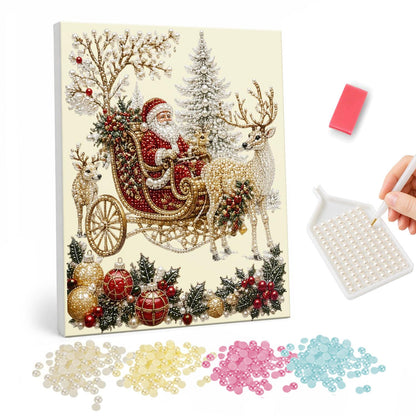 Cream and Crimson Santa Sleigh pearl painting – Santa in a red sleigh drawn by white reindeer on cream, with a frosted tree and red and gold baubles