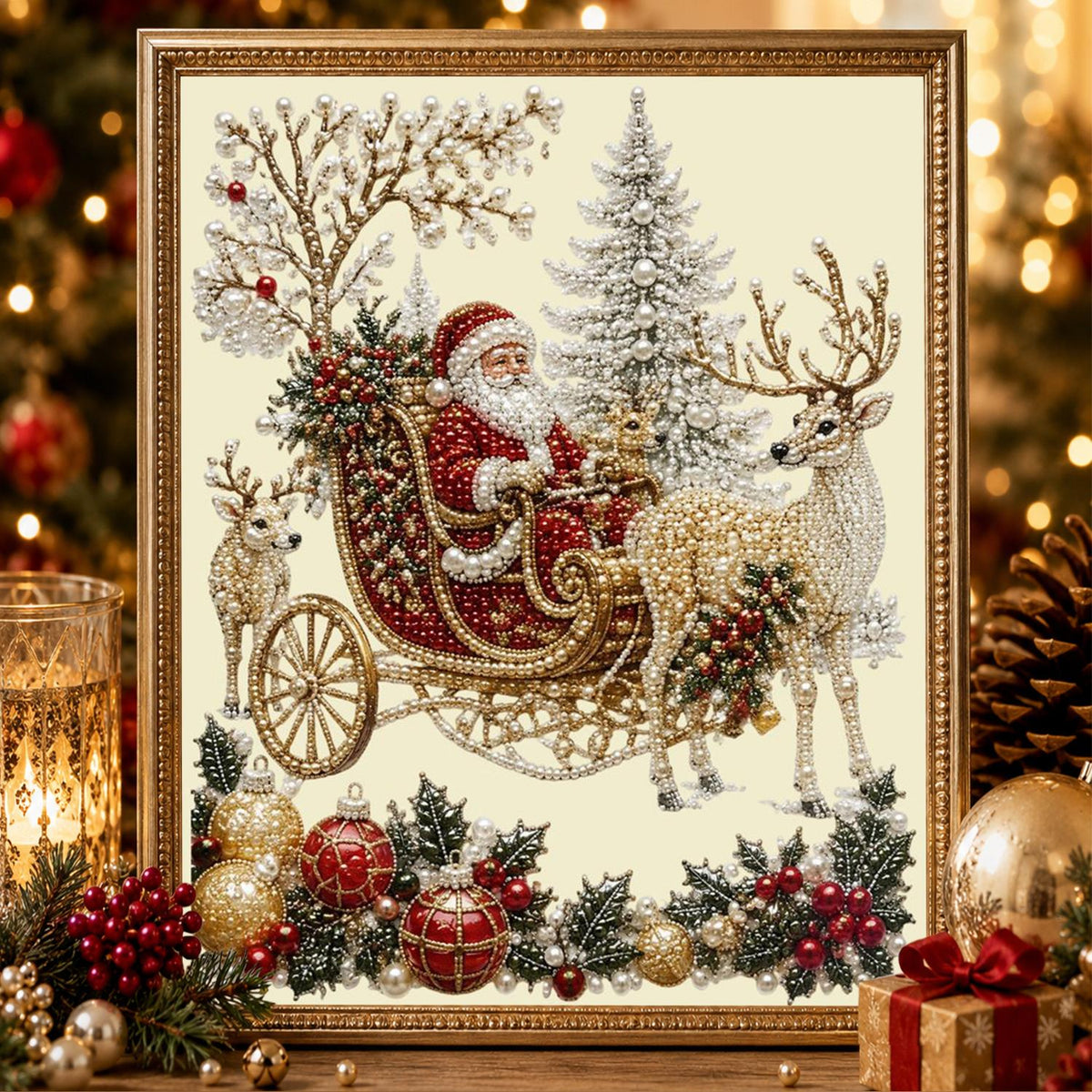 Cream and Crimson Santa Sleigh pearl painting – image 2
